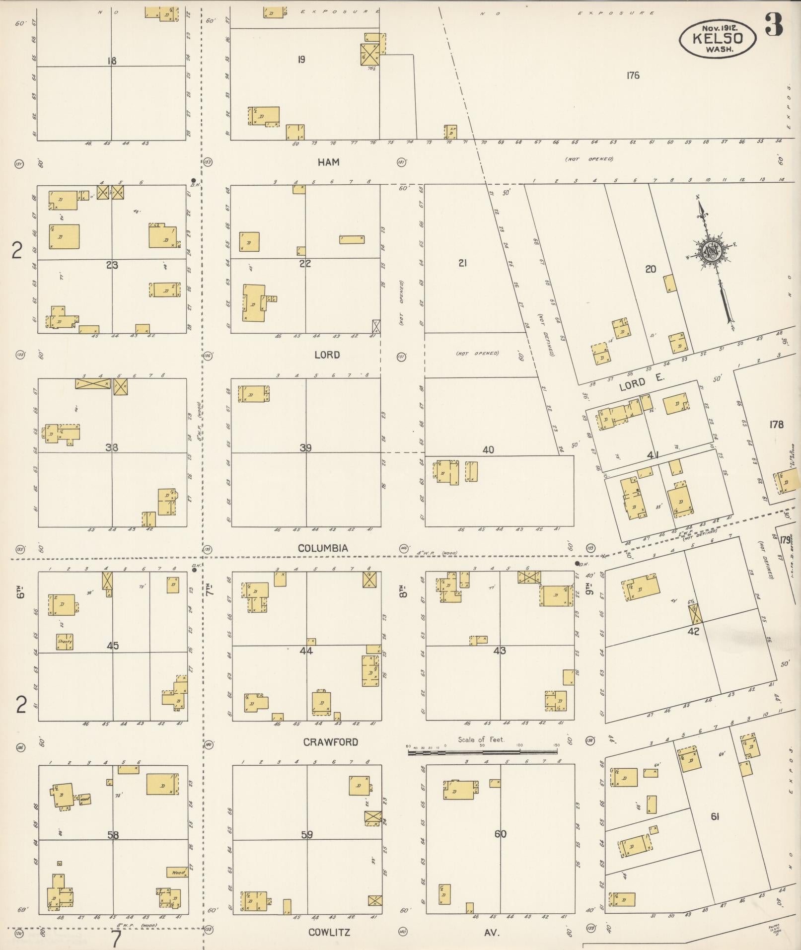 Sanborn Fire Insurance Map from Kelso, Cowlitz County, Washington (1912), Sheet #0003 - Complete Map Set gallery image, historic Sanborn map, vintage wall art, Washington Washington