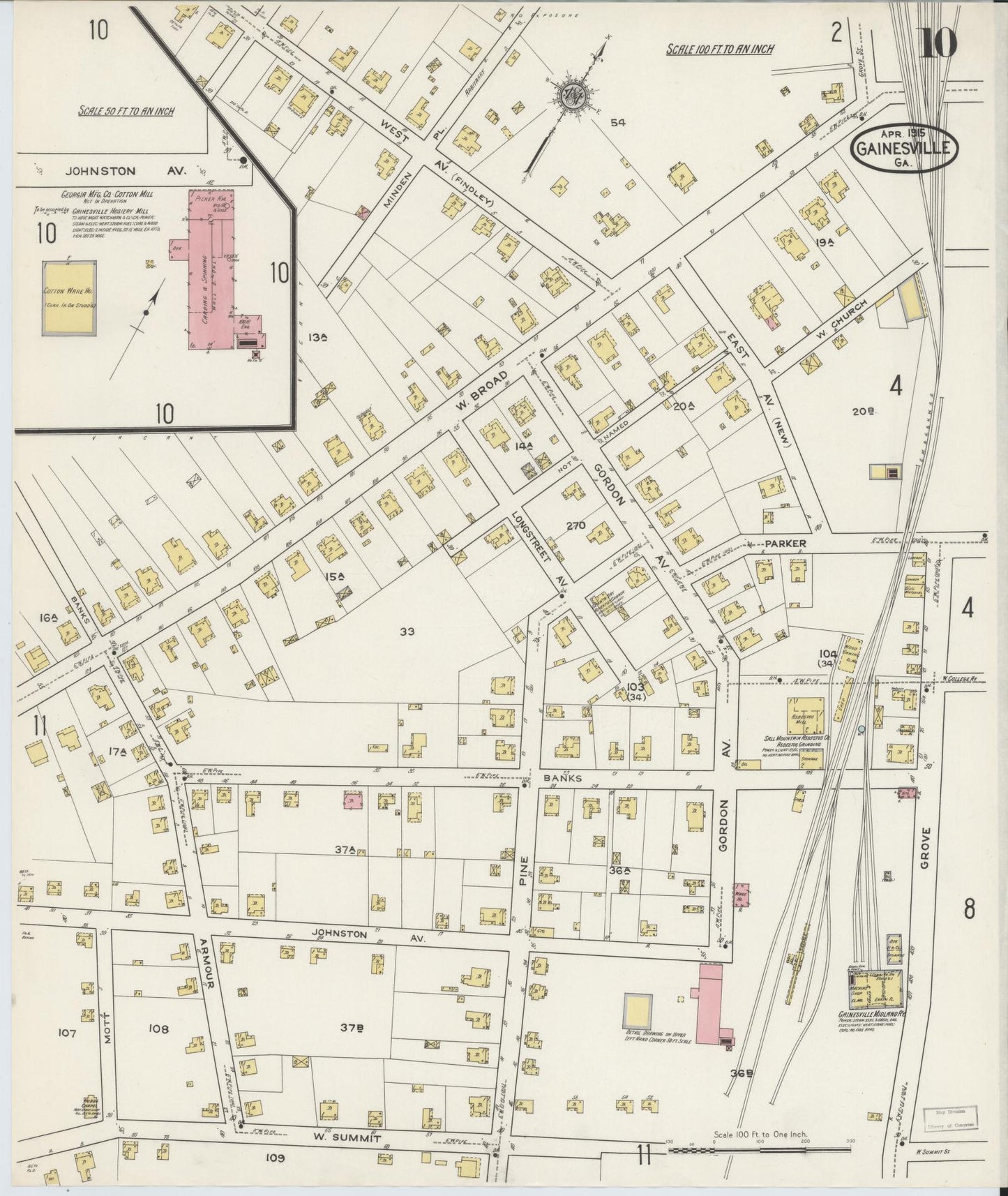 Sanborn Fire Insurance Map from Gainesville, Hall County, Georgia (1915), Sheet #0010 - Complete Map Set gallery image, historic Sanborn map, vintage wall art, Georgia Georgia