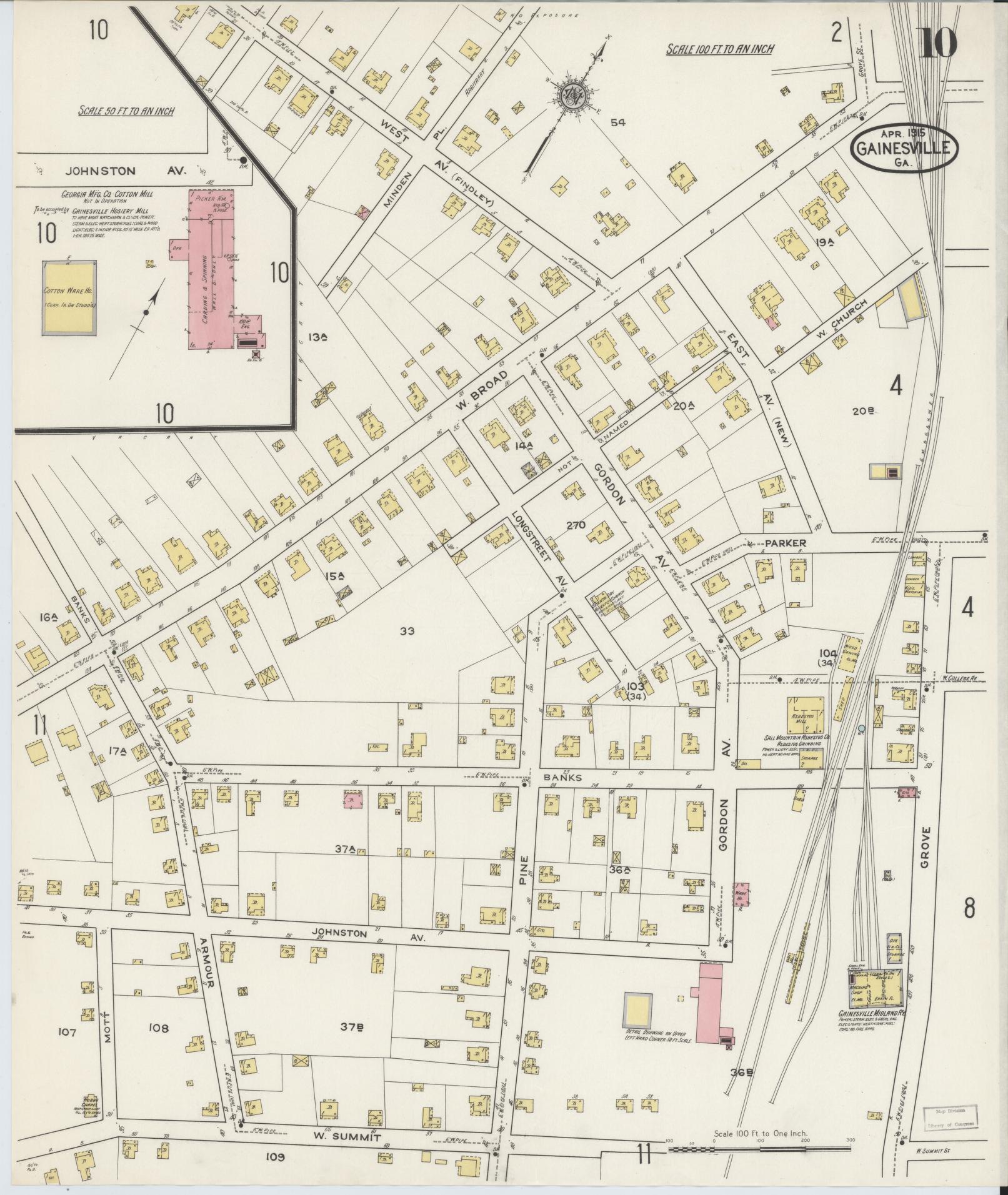 Sanborn Fire Insurance Map from Gainesville, Hall County, Georgia (1915), Sheet #0010 - Complete Map Set gallery image, historic Sanborn map, vintage wall art, Georgia Georgia