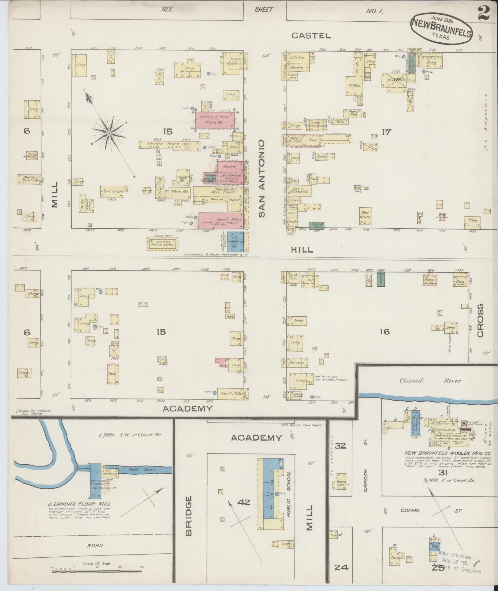 Sanborn Fire Insurance Map from New Braunfels, Comal County, Texas (1885), Sheet #0002 - Historic Sanborn Fire Insurance Map Print, vintage old map wall art, antique decor, genealogy gift, Texas Texas map