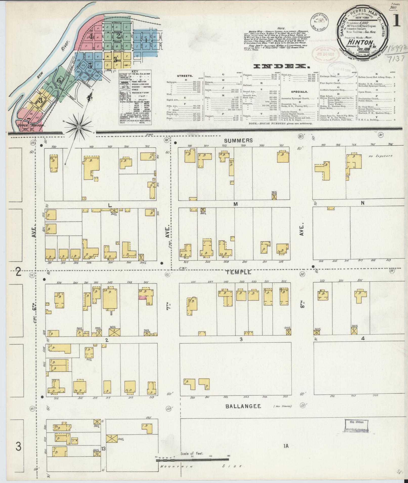 Sanborn Fire Insurance Map from Hinton, Summer County, West Virginia (1898), Sheet #0001 - Complete Map Set gallery image, historic Sanborn map, vintage wall art, West Virginia West Virginia