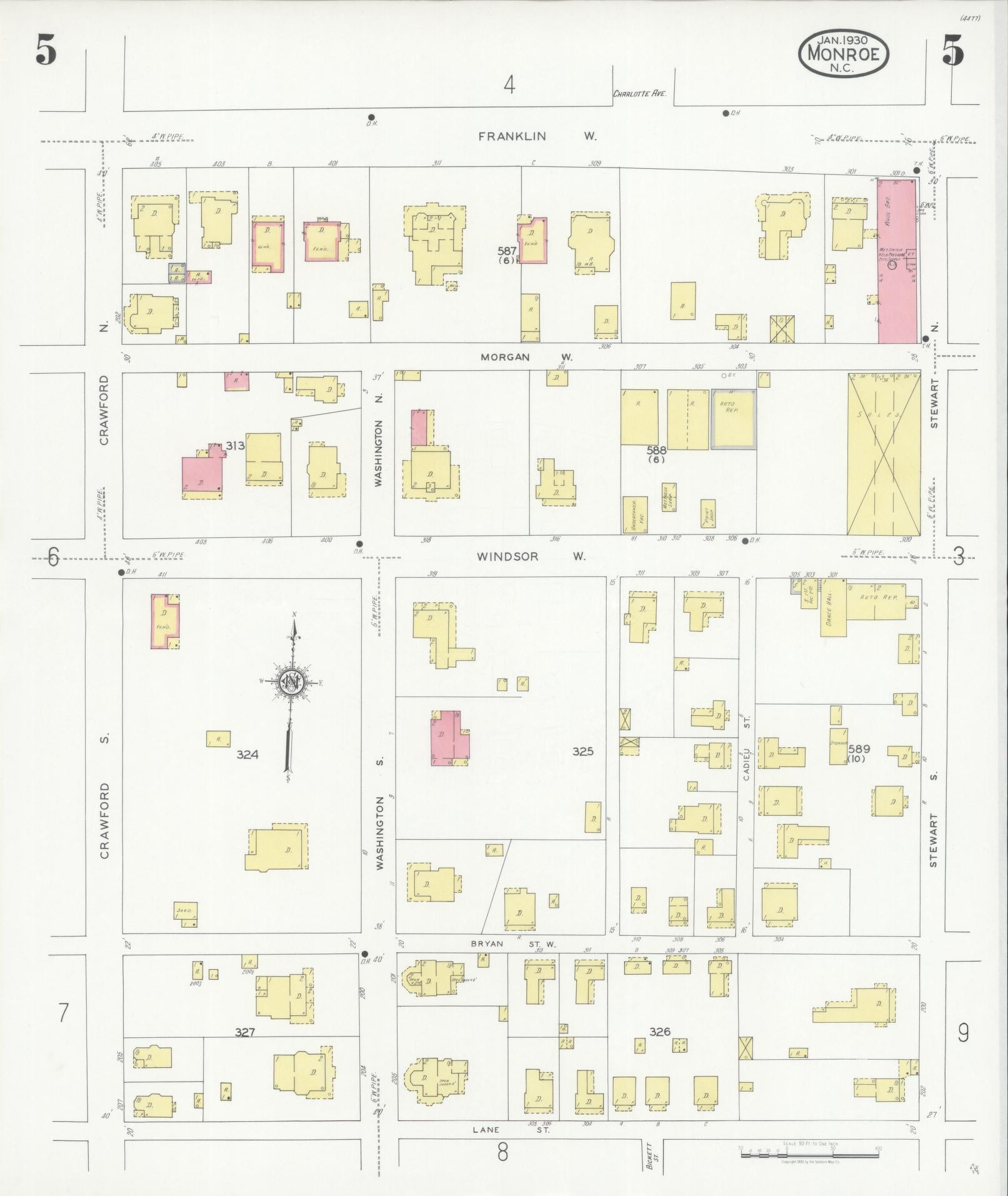 Sanborn Fire Insurance Map from Monroe, Union County, North Carolina (1930), Sheet #0005 - Complete Map Set gallery image, historic Sanborn map, vintage wall art, North Carolina North Carolina