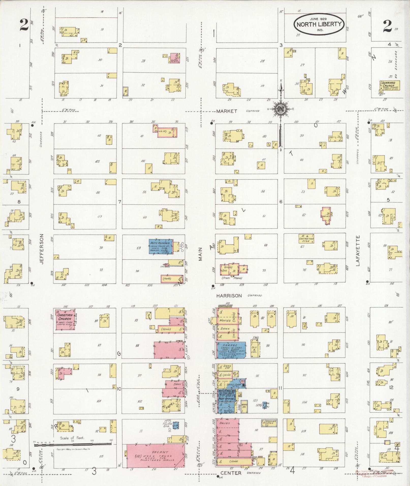 Sanborn Fire Insurance Map from North Liberty, Saint Joseph County, Indiana (1929), Sheet #0002 - Complete Map Set gallery image, historic Sanborn map, vintage wall art, Indiana Indiana