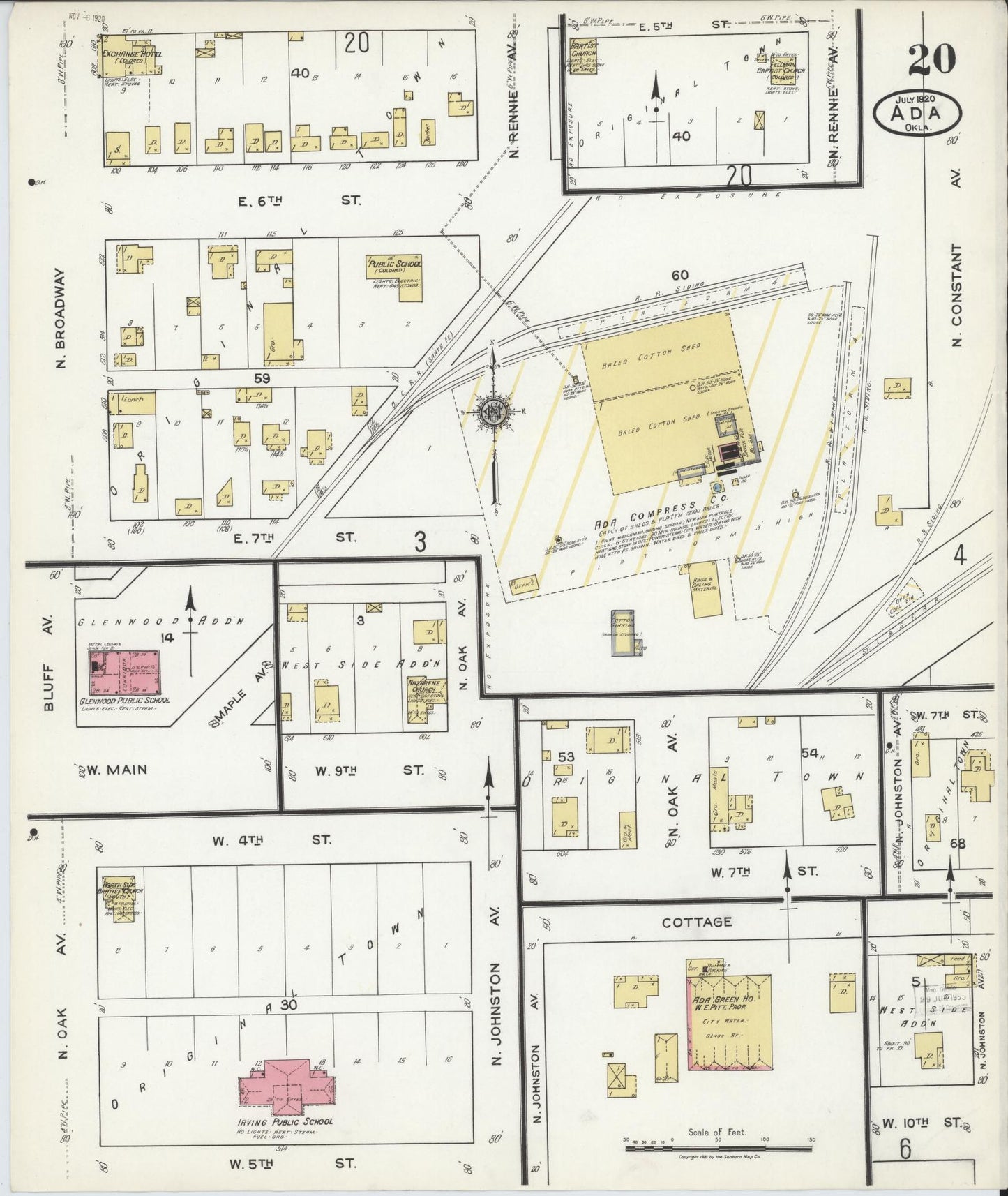 Sanborn Fire Insurance Map from Ada, Pontotoc County, Oklahoma (1920), Sheet #0020 - Complete Map Set gallery image, historic Sanborn map, vintage wall art, Oklahoma Oklahoma