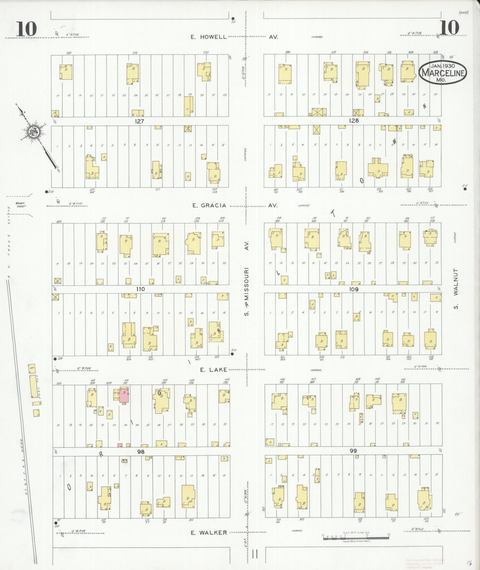 Sanborn Fire Insurance Map from Marceline, Linn County, Missouri (1930), Sheet #0010 - Historic Sanborn Fire Insurance Map Print, vintage old map wall art, antique decor, genealogy gift, Missouri Missouri map