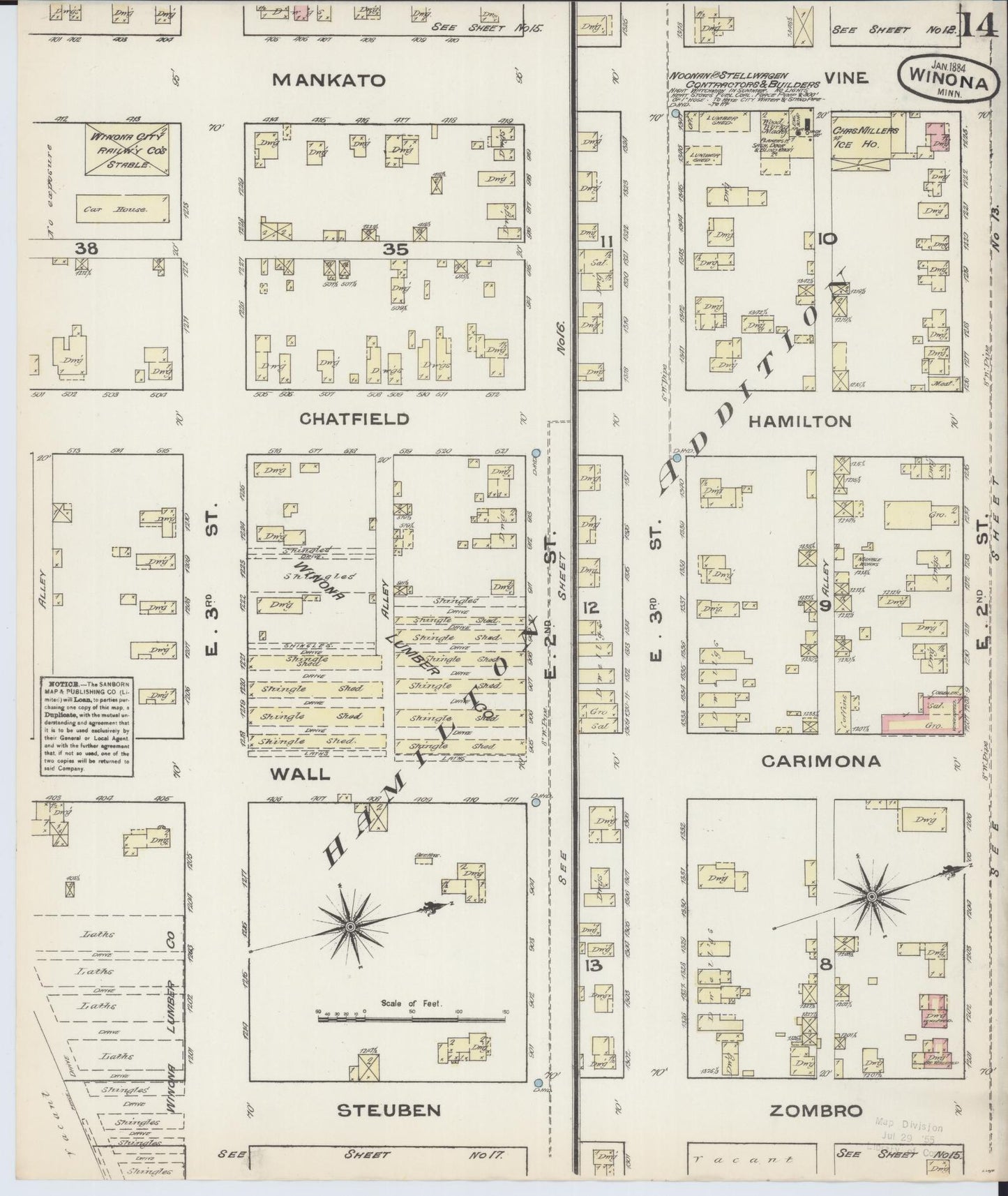 Sanborn Fire Insurance Map from Winona, Winona County, Minnesota (1884), Sheet #0014 - Historic Sanborn Fire Insurance Map Print, vintage old map wall art, antique decor, genealogy gift, Minnesota Minnesota map