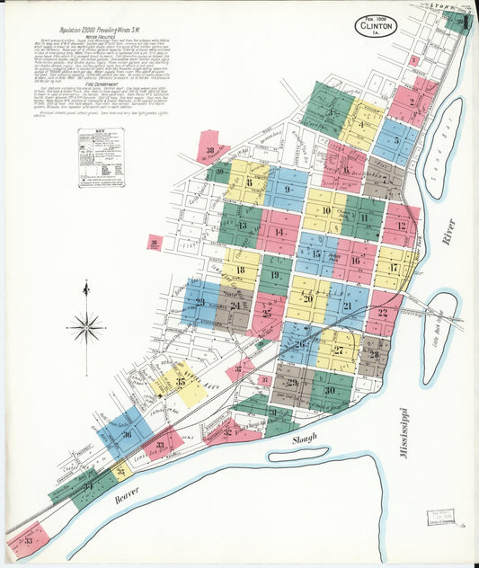 Sanborn Fire Insurance Map from Clinton, Clinton County, Iowa (1909), Sheet #0001 - Historic Sanborn Fire Insurance Map Print, vintage old map wall art