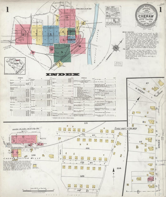 Sanborn Fire Insurance Map from Cheraw, Chesterfield County, South Carolina (1923), Sheet #0001 - Complete Map Set gallery image, historic Sanborn map, vintage wall art, South Carolina South Carolina