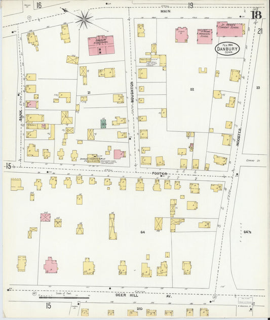 Sanborn Fire Insurance Map from Danbury, Fairfield County, Connecticut (1904), Sheet #0018 - Historic Sanborn Fire Insurance Map Print, vintage old map wall art, antique decor, genealogy gift, Connecticut Connecticut map