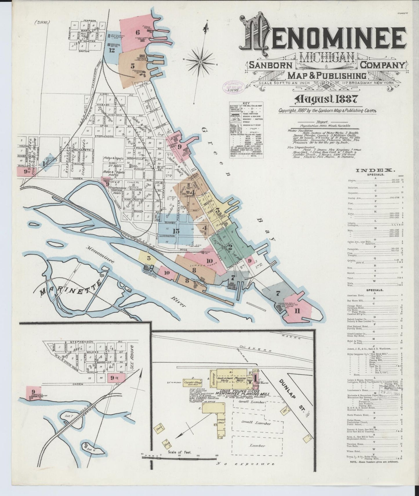 Sanborn Fire Insurance Map from Menominee, Menominee County, Michigan (1887), Sheet #0001 - Complete Map Set gallery image, historic Sanborn map, vintage wall art, Michigan Michigan