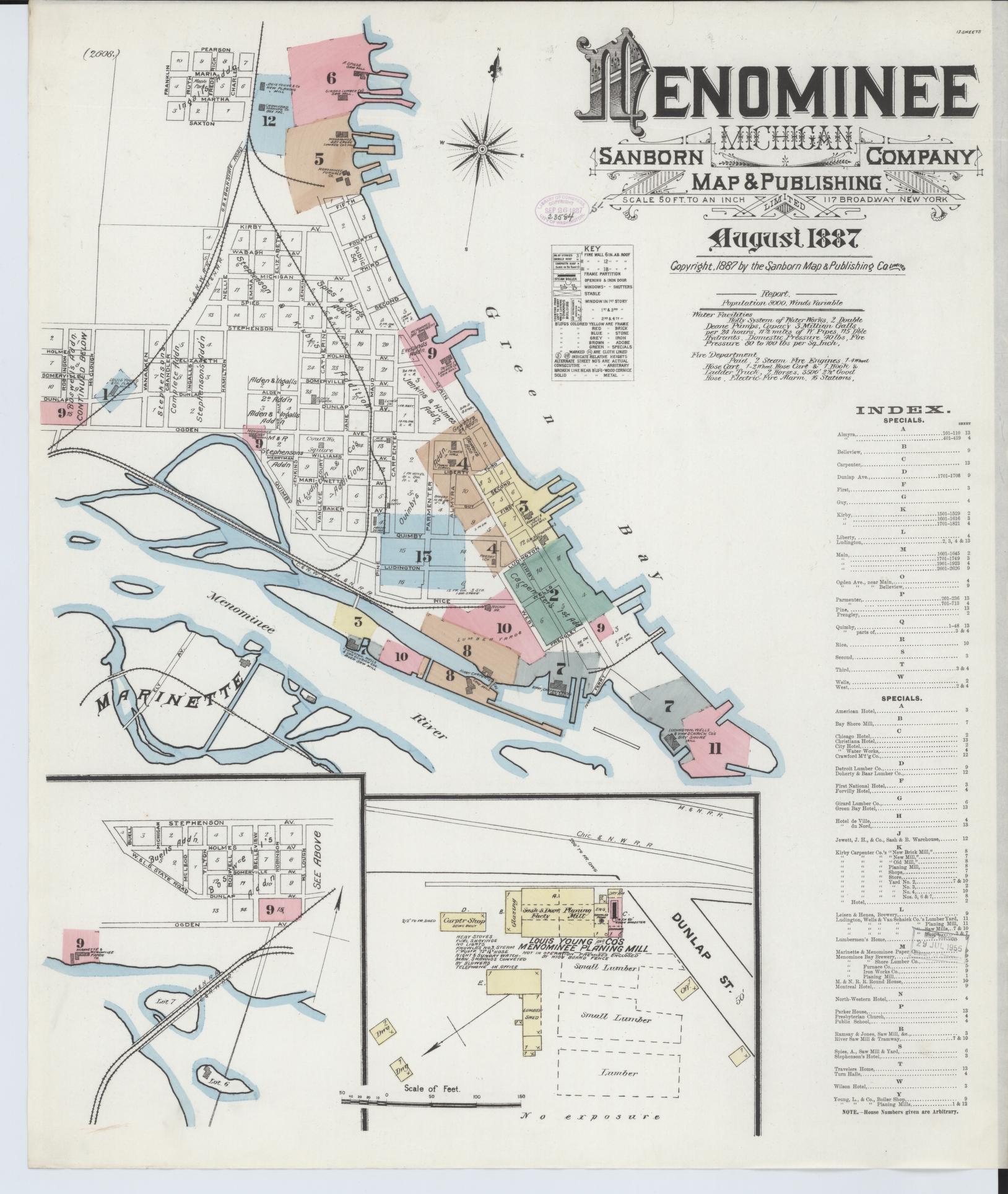 Sanborn Fire Insurance Map from Menominee, Menominee County, Michigan (1887), Sheet #0001 - Complete Map Set gallery image, historic Sanborn map, vintage wall art, Michigan Michigan