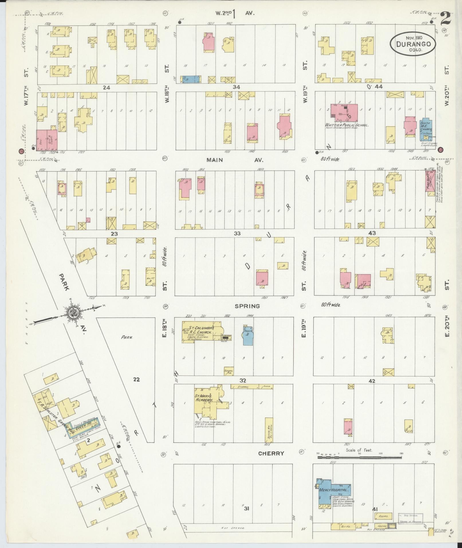 Sanborn Fire Insurance Map from Durango, La Plata County, Colorado (1910), Sheet #0002 - Historic Sanborn Fire Insurance Map Print, vintage old map wall art, antique decor, genealogy gift, Colorado Colorado map