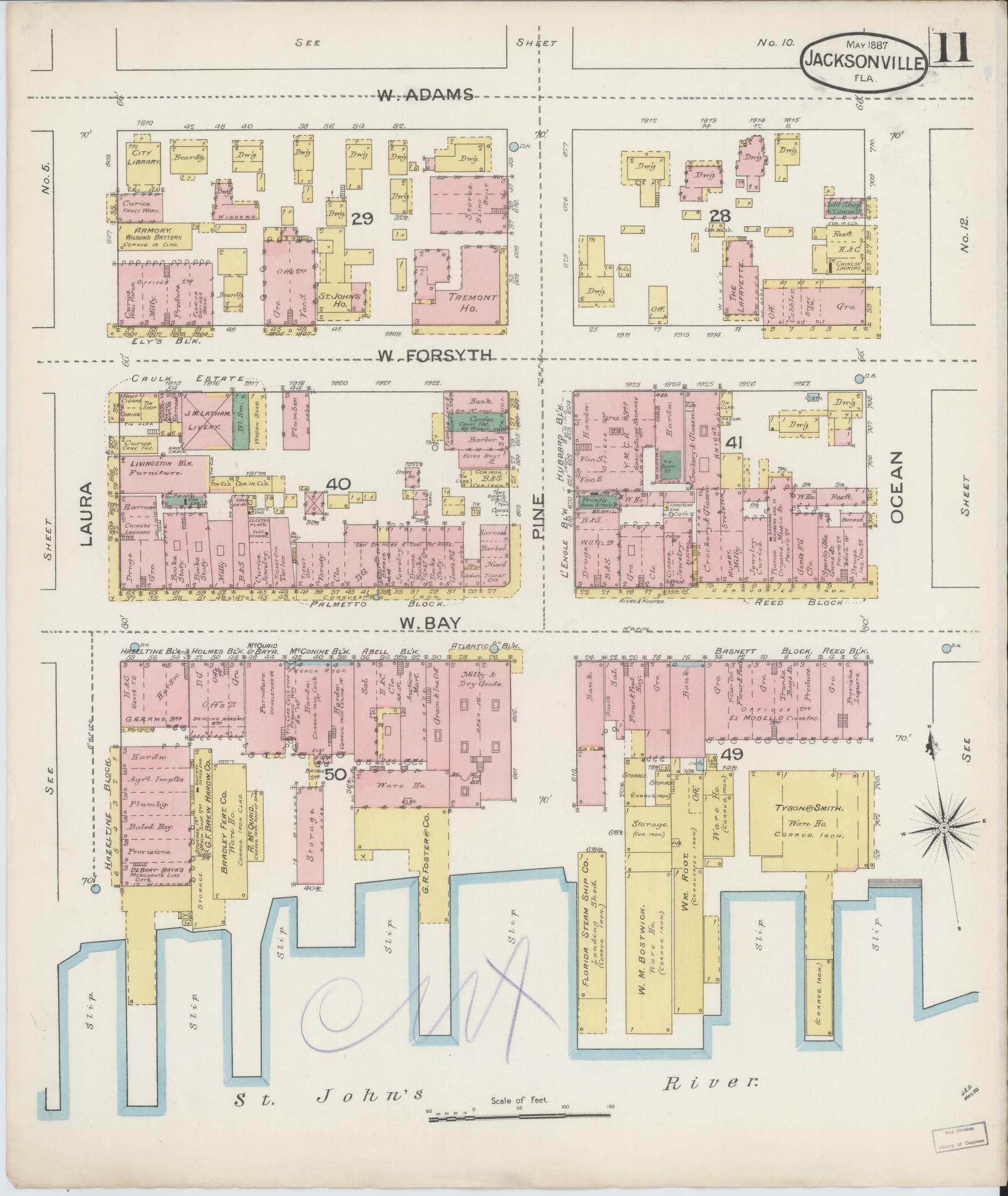 Sanborn Fire Insurance Map from Jacksonville, Duval County, Florida (1887), Sheet #0011 - Complete Map Set gallery image, historic Sanborn map, vintage wall art, Florida Florida