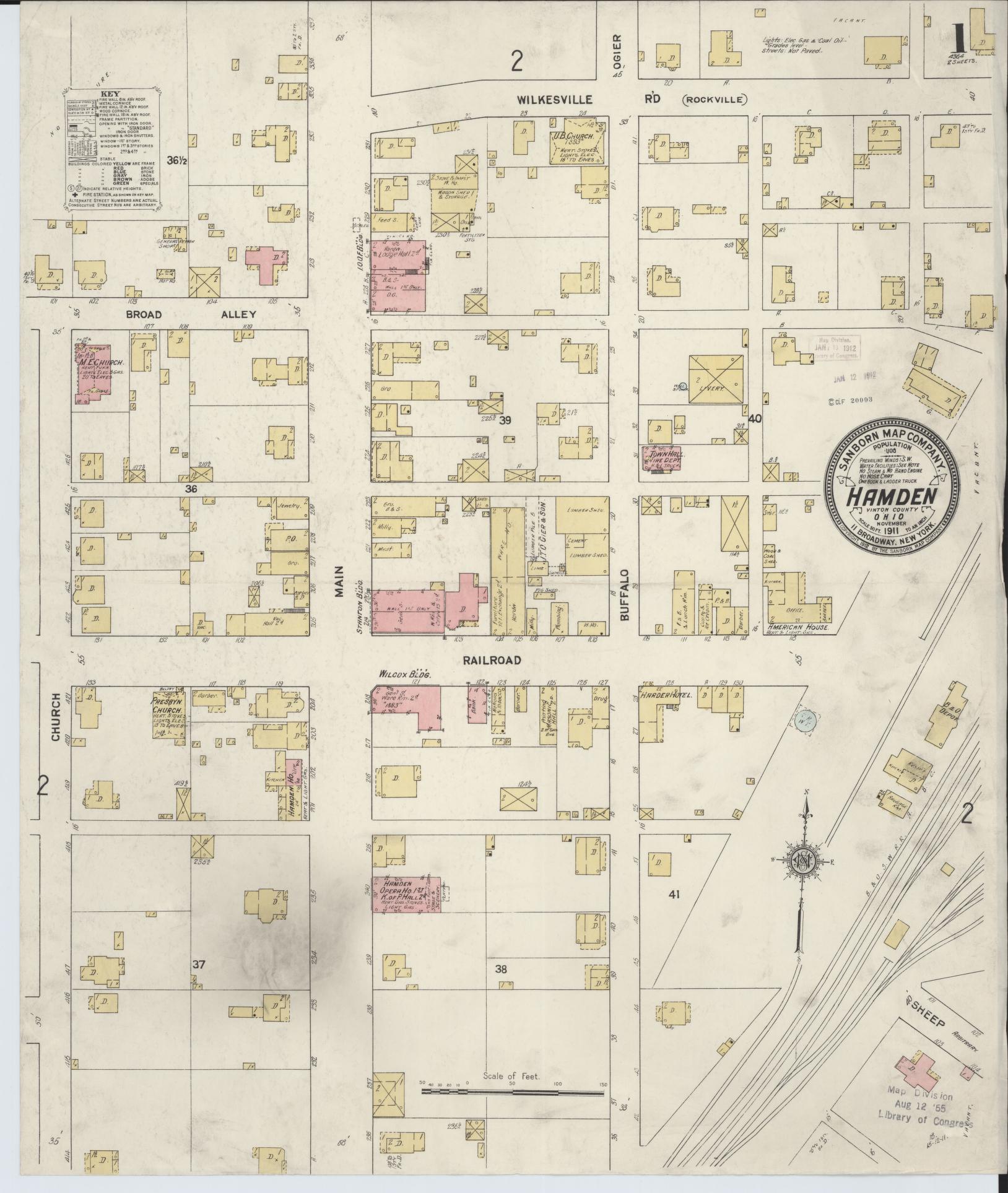 Sanborn Fire Insurance Map from Hamden, Vinton County, Ohio (1911), Sheet #0001 - Complete Map Set gallery image, historic Sanborn map, vintage wall art, Ohio Ohio