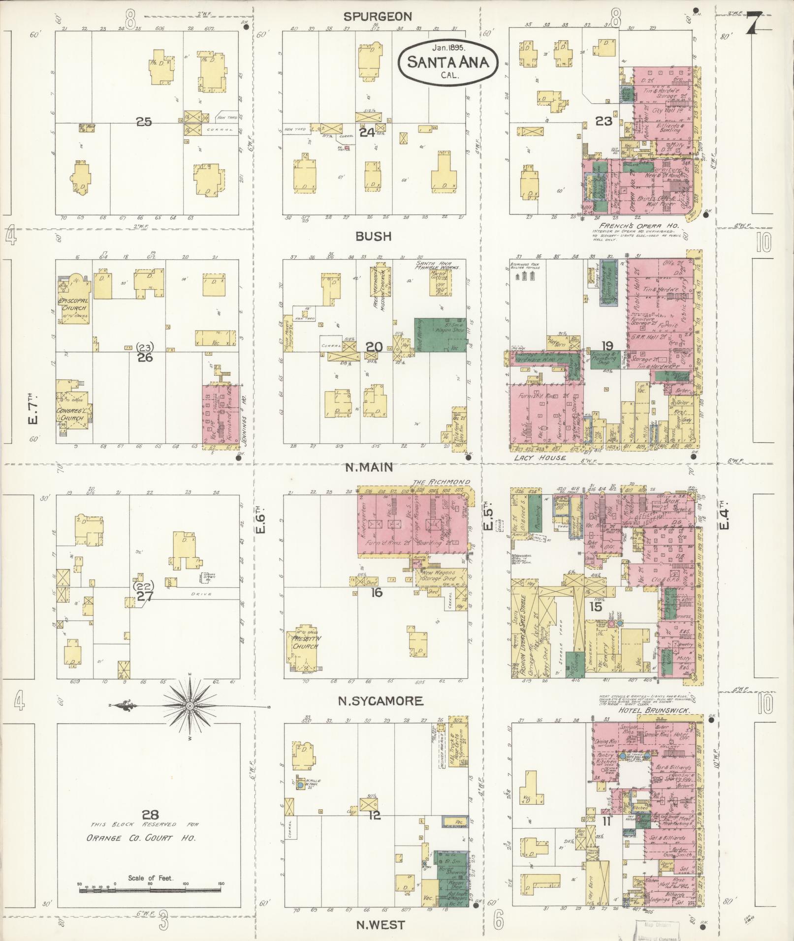 Sanborn Fire Insurance Map from Santa Ana, Orange County, California (1895), Sheet #0007 - Complete Map Set gallery image, historic Sanborn map, vintage wall art, California California