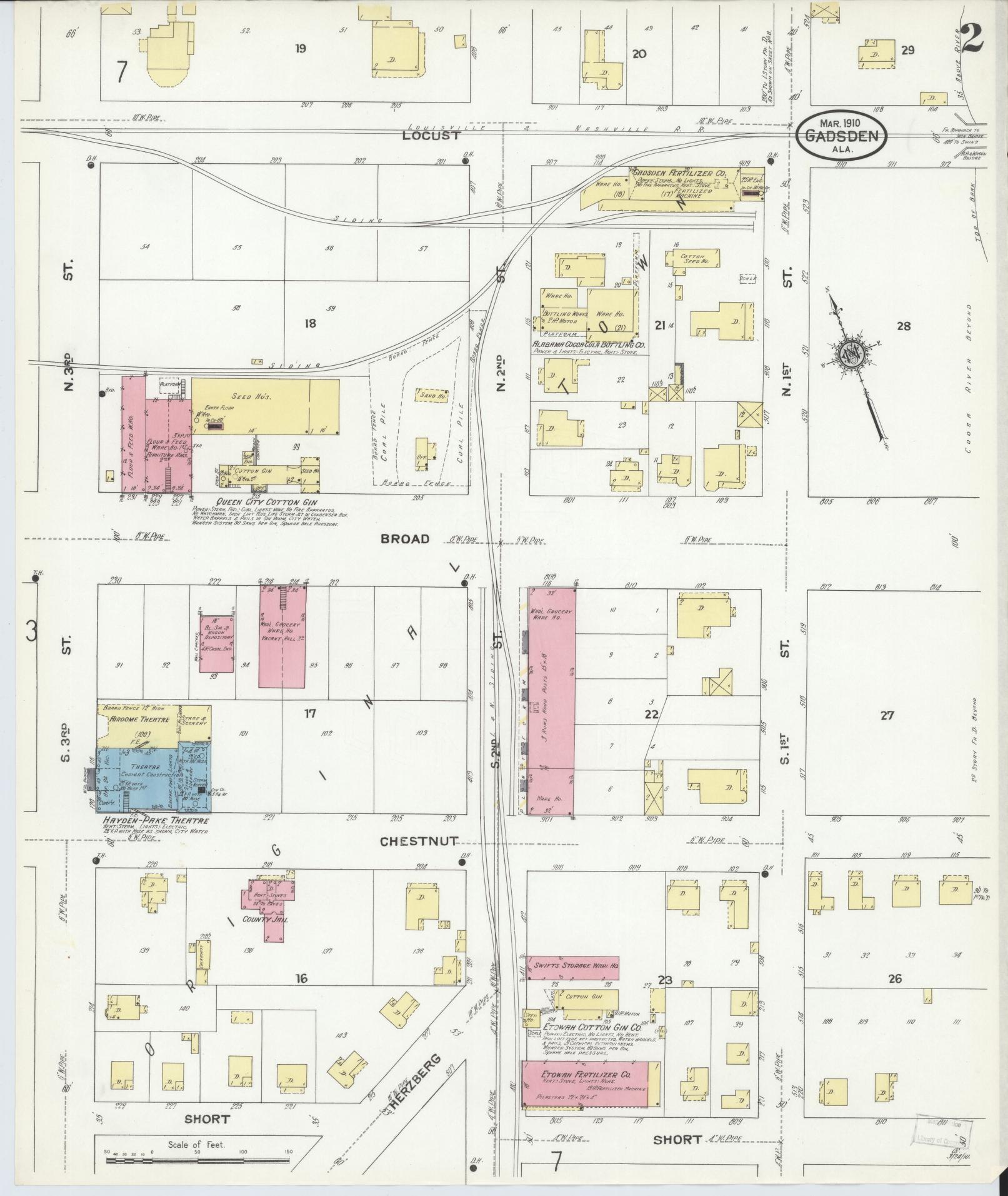 Sanborn Fire Insurance Map from Gadsden, Etowah County, Alabama (1910), Sheet #0002 - Historic Sanborn Fire Insurance Map Print, vintage old map wall art, antique decor, genealogy gift, Alabama Alabama map