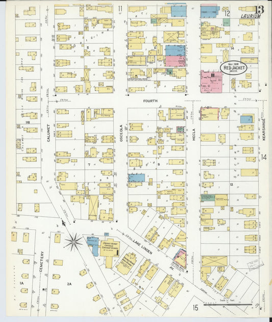 Sanborn Fire Insurance Map from Red Jacket, Houghton County, Michigan (1908), Sheet #0013 - Historic Sanborn Fire Insurance Map Print, vintage old map wall art, antique decor, genealogy gift, Michigan Michigan map