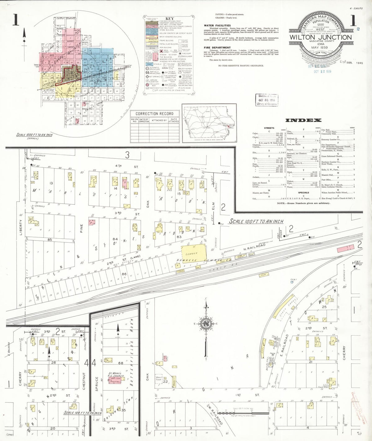 Sanborn Fire Insurance Map from Wilton Junction, Muscatine County, Iowa (1939), Sheet #0001 - Historic Sanborn Fire Insurance Map Print, vintage old map wall art