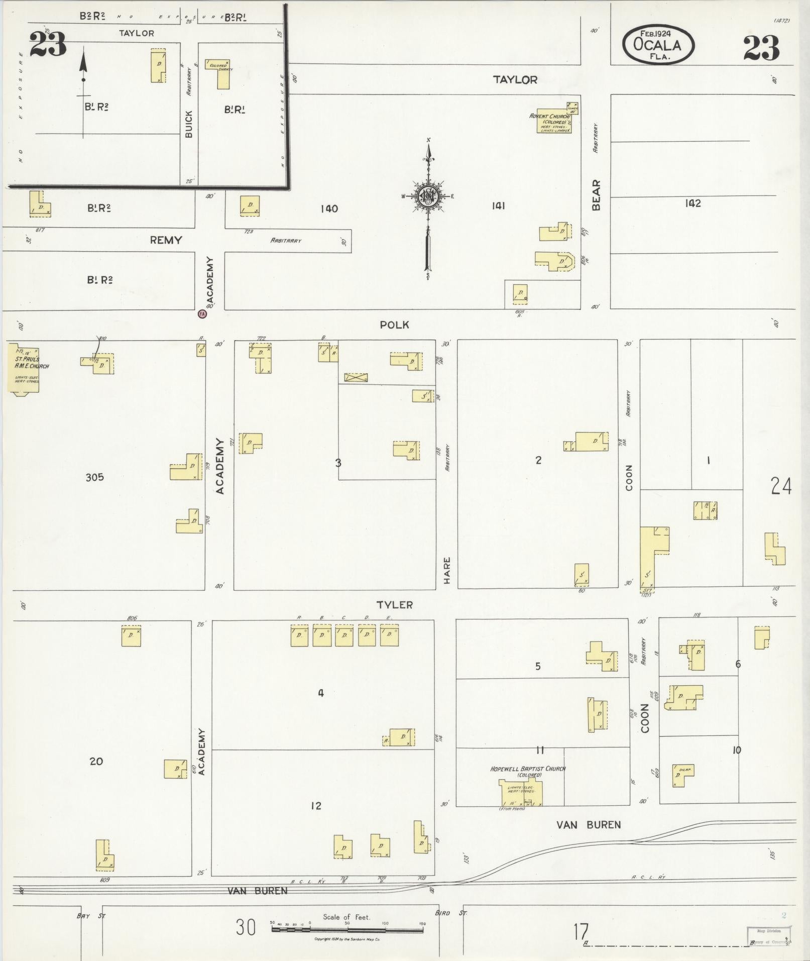 Sanborn Fire Insurance Map from Ocala, Marion County, Florida (1924), Sheet #0023 - Complete Map Set gallery image, historic Sanborn map, vintage wall art, Florida Florida