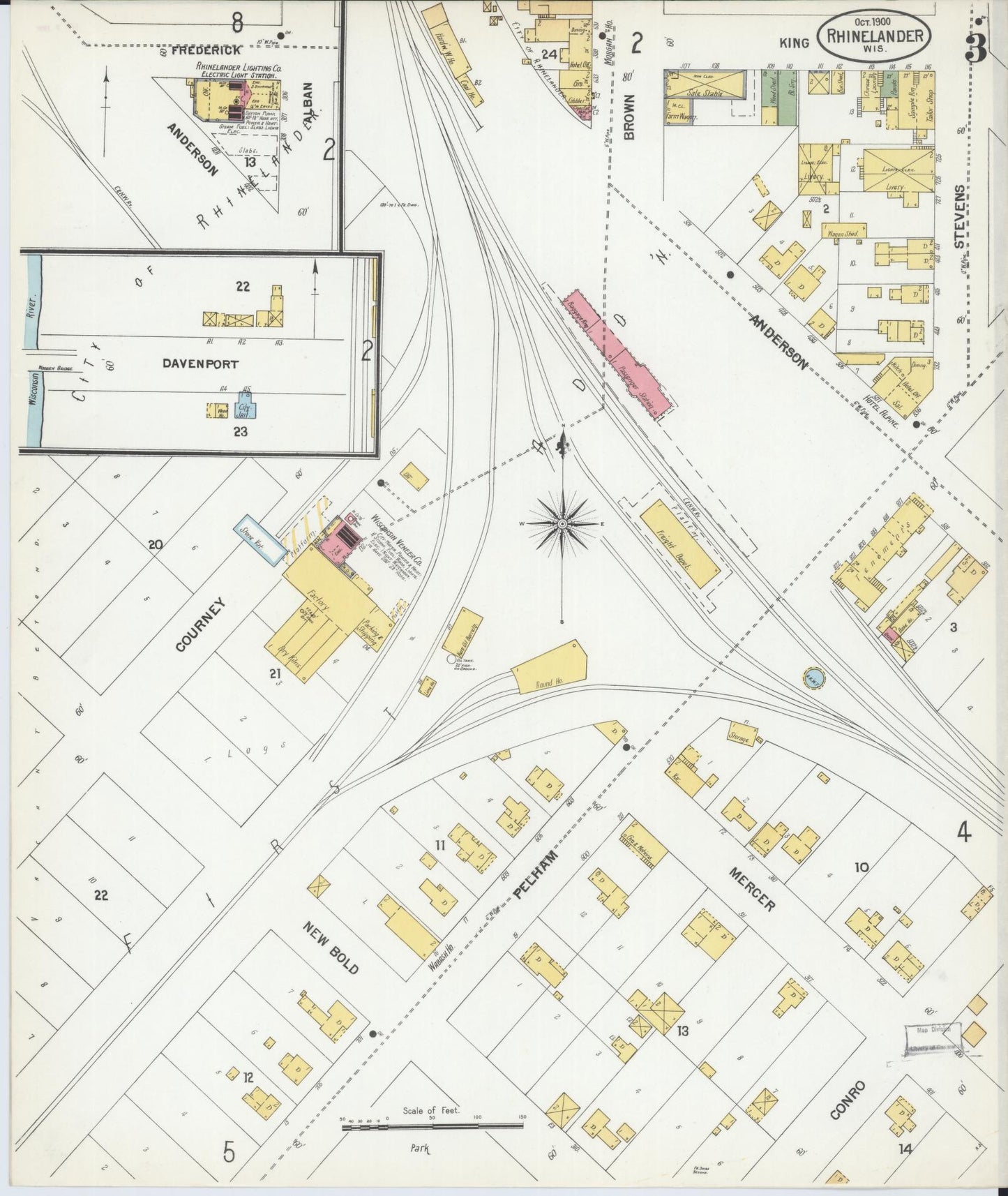 Sanborn Fire Insurance Map from Rhinelander, Oneida County, Wisconsin (1900), Sheet #0003 - Complete Map Set gallery image, historic Sanborn map, vintage wall art, Wisconsin Wisconsin