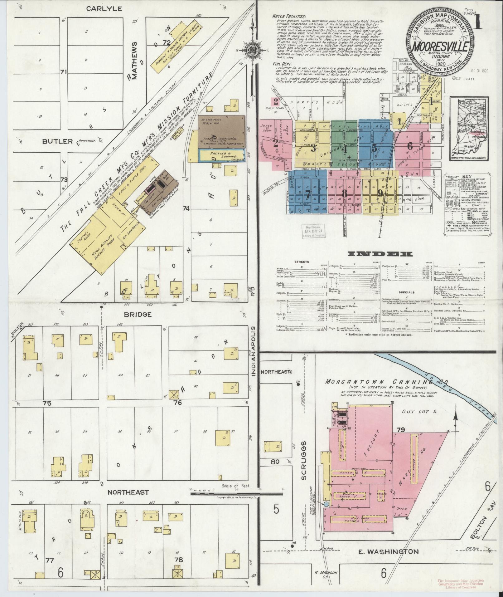 Sanborn Fire Insurance Map from Mooresville, Morgan County, Indiana (1920), Sheet #0001 - Complete Map Set gallery image, historic Sanborn map, vintage wall art, Indiana Indiana