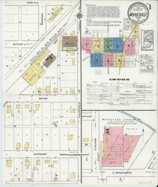 Sanborn Fire Insurance Map from Mooresville, Morgan County, Indiana (1920), Sheet #0001 - Complete Map Set gallery image, historic Sanborn map, vintage wall art, Indiana Indiana