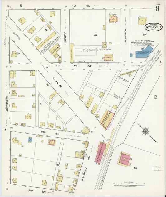 Sanborn Fire Insurance Map from Wytheville, Wythe County, Virginia (1921), Sheet #0009 - Historic Sanborn Fire Insurance Map Print, vintage old map wall art, antique decor, genealogy gift, Virginia Virginia map