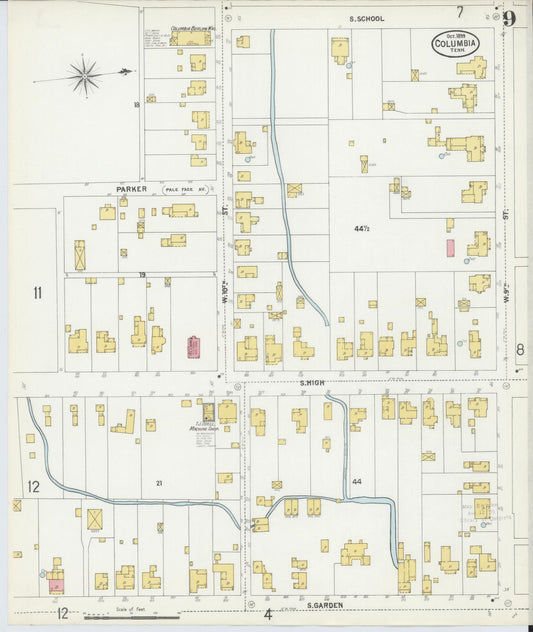 Sanborn Fire Insurance Map from Columbia, Maury County, Tennessee (1899), Sheet #0009 - Historic Sanborn Fire Insurance Map Print, vintage old map wall art, antique decor, genealogy gift, Tennessee Tennessee map
