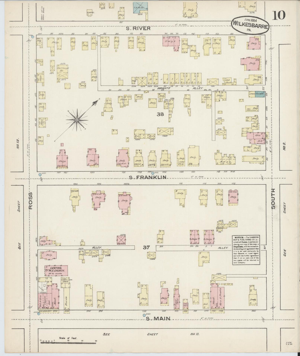 Sanborn Fire Insurance Map from Wilkes Barre, Luzerne County, Pennsylvania (1884), Sheet #0010 - Historic Sanborn Fire Insurance Map Print, vintage old map wall art, antique decor, genealogy gift, Pennsylvania Pennsylvania map