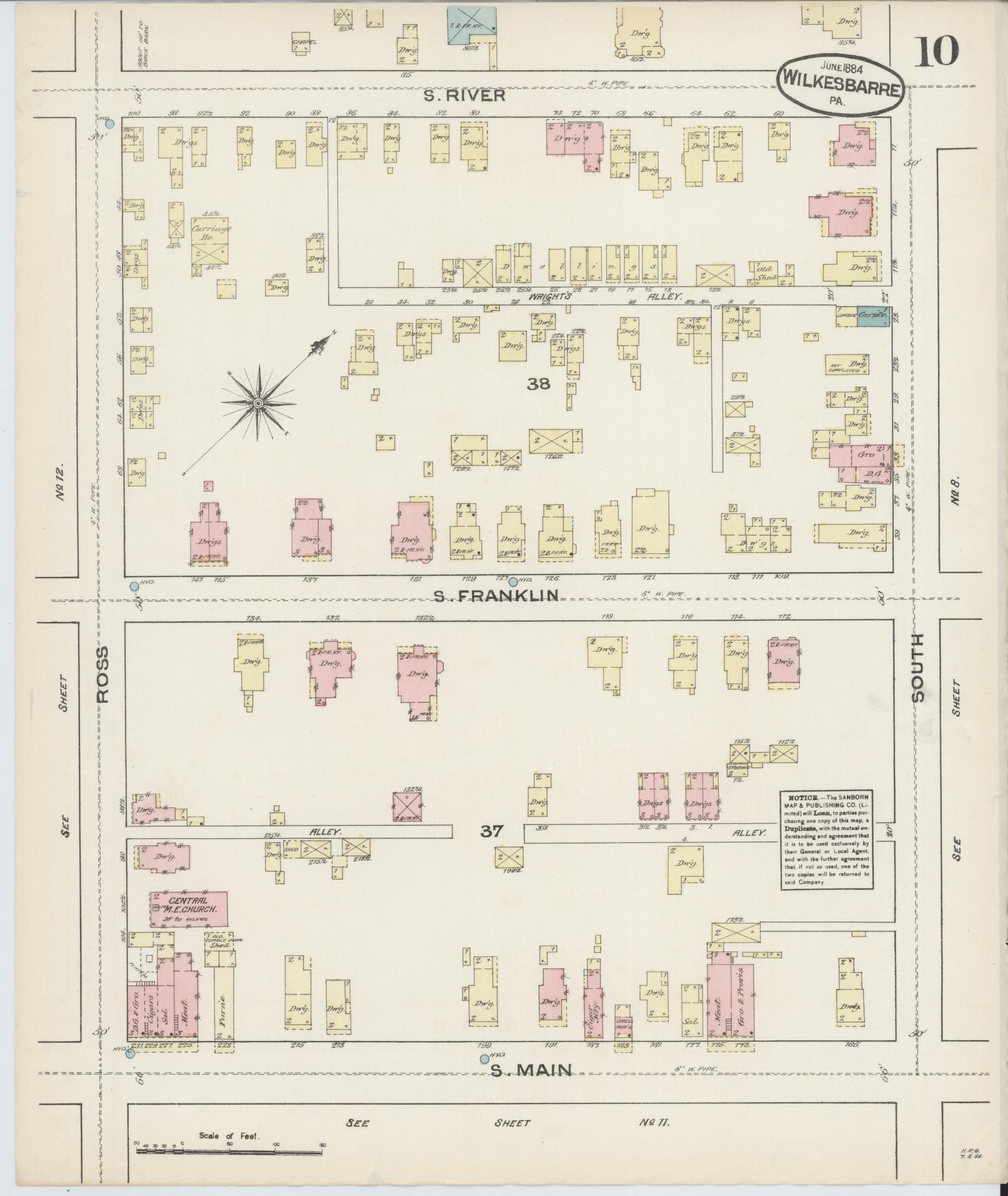 Sanborn Fire Insurance Map from Wilkes Barre, Luzerne County, Pennsylvania (1884), Sheet #0010 - Historic Sanborn Fire Insurance Map Print, vintage old map wall art, antique decor, genealogy gift, Pennsylvania Pennsylvania map