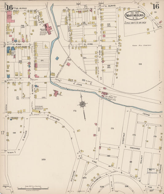 Sanborn Fire Insurance Map from Martinsburg, Berkeley County, West Virginia (1922), Sheet #0016 - Historic Sanborn Fire Insurance Map Print, vintage old map wall art, antique decor, genealogy gift, West Virginia West Virginia map