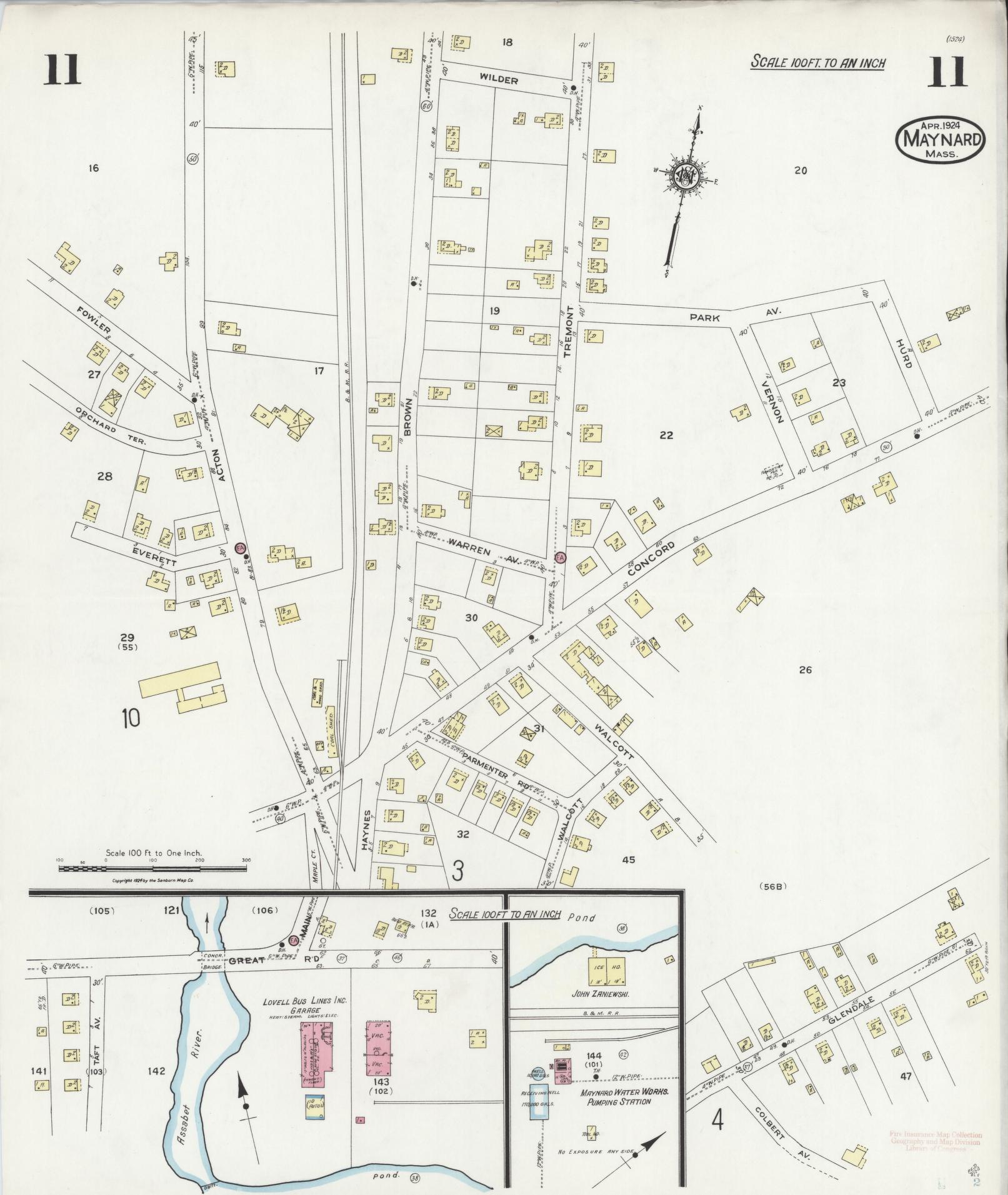 Sanborn Fire Insurance Map from Maynard, Middlesex County, Massachusetts (1924), Sheet #0011 - Historic Sanborn Fire Insurance Map Print, vintage old map wall art, antique decor, genealogy gift, Massachusetts Massachusetts map
