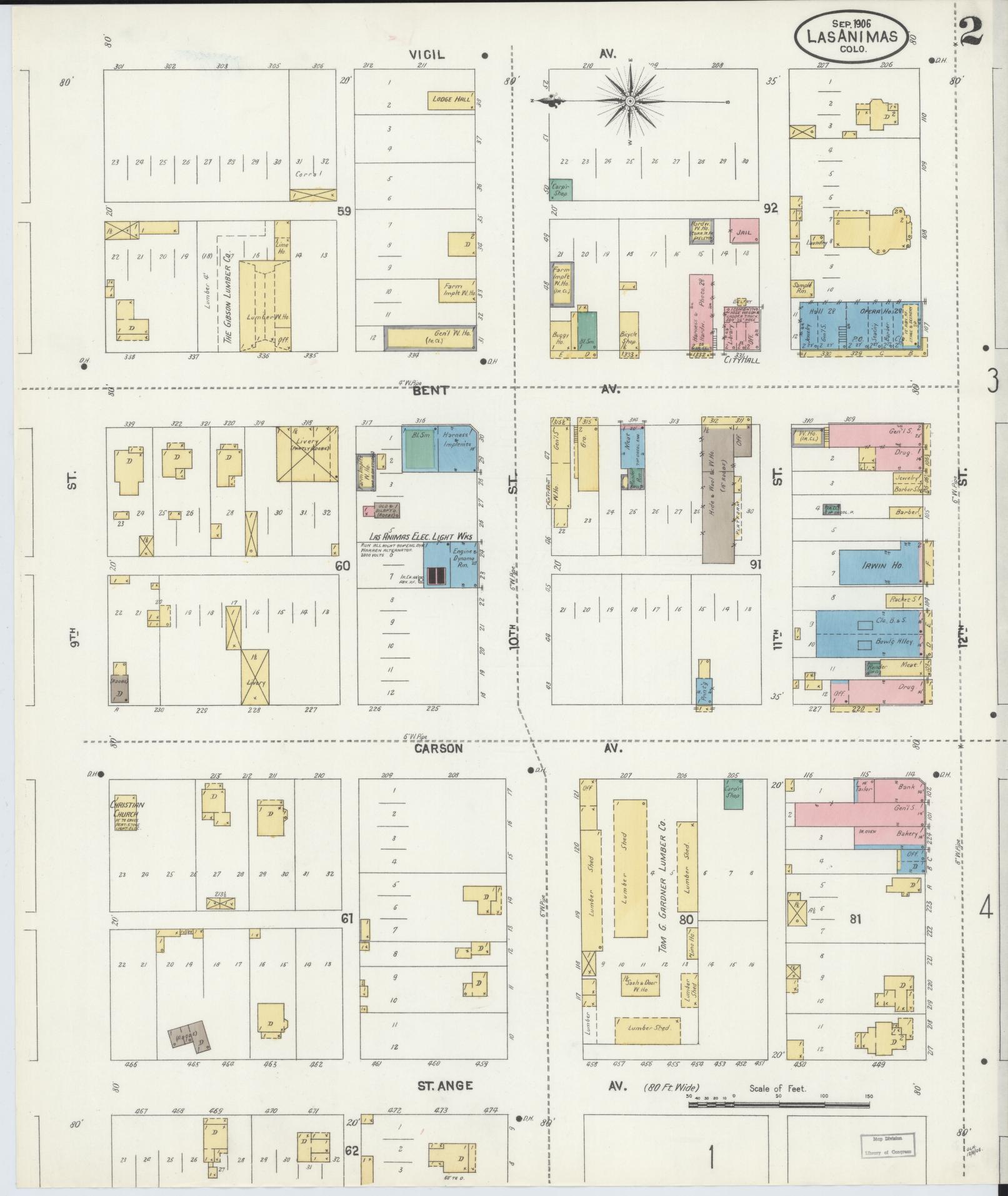 Sanborn Fire Insurance Map from Las Animas, Bent County, Colorado (1906), Sheet #0002 - Complete Map Set gallery image, historic Sanborn map, vintage wall art, Colorado Colorado