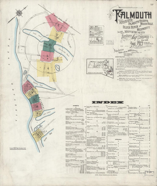 Sanborn Fire Insurance Map from Falmouth, Barnstable County, Massachusetts (1923), Sheet #0001 - Historic Sanborn Fire Insurance Map Print, vintage old map wall art, antique decor, genealogy gift, Massachusetts Massachusetts map