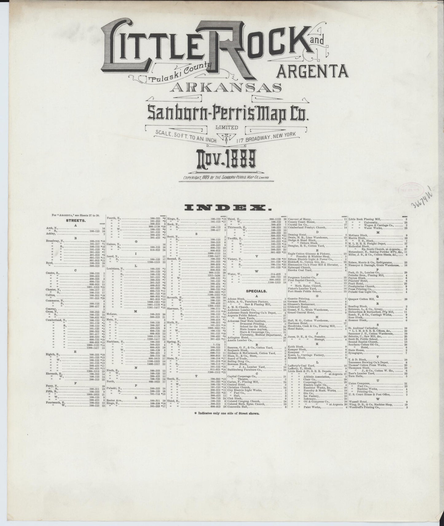 Sanborn Fire Insurance Map from Little Rock, Pulaski County, Arkansas (1889), Sheet #0001 - Historic Sanborn Fire Insurance Map Print, vintage old map wall art, antique decor, genealogy gift, Arkansas Arkansas map