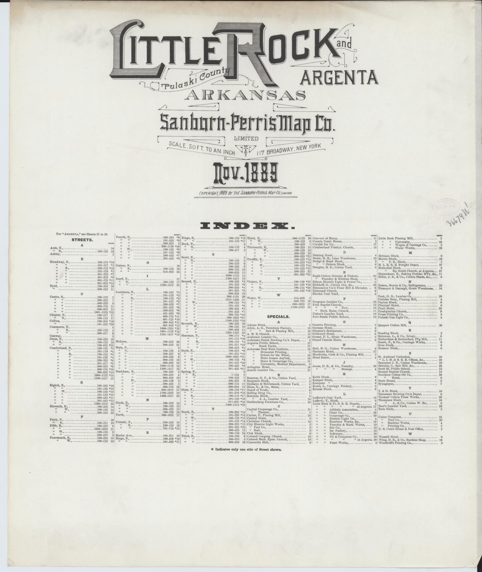 Sanborn Fire Insurance Map from Little Rock, Pulaski County, Arkansas (1889), Sheet #0001 - Historic Sanborn Fire Insurance Map Print, vintage old map wall art, antique decor, genealogy gift, Arkansas Arkansas map