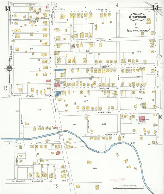 Sanborn Fire Insurance Map from Cedartown, Polk County, Georgia (1923), Sheet #0014 - Historic Sanborn Fire Insurance Map Print, vintage old map wall art, antique decor, genealogy gift, Georgia Georgia map