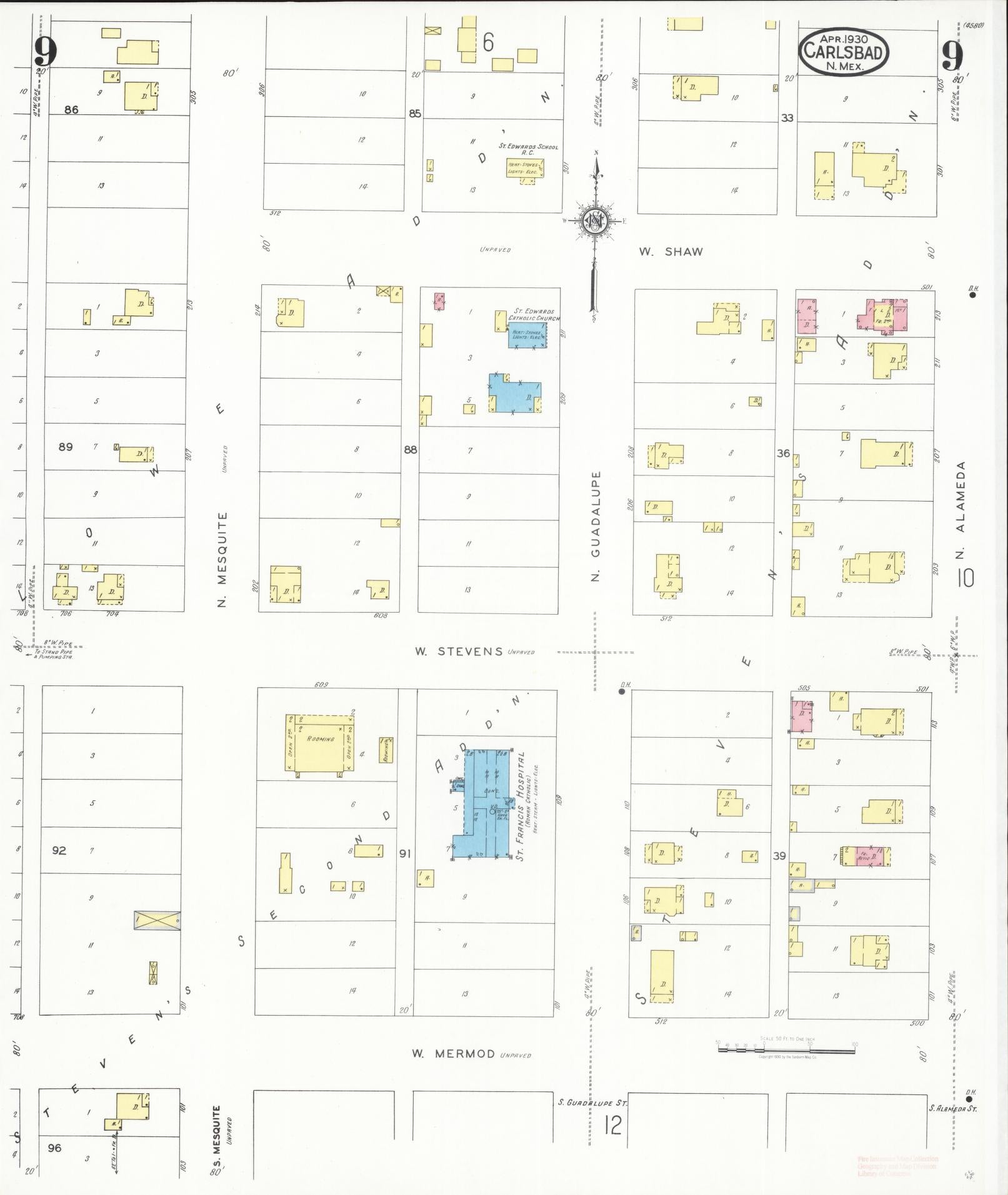 Sanborn Fire Insurance Map from Carlsbad, Eddy County, New Mexico (1930), Sheet #0009 - Complete Map Set gallery image, historic Sanborn map, vintage wall art, New Mexico New Mexico