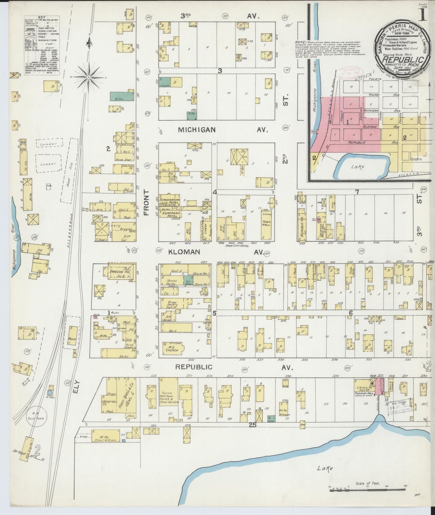 Sanborn Fire Insurance Map from Republic, Marquette County, Michigan (1892), Sheet #0001 - Complete Map Set gallery image, historic Sanborn map, vintage wall art, Michigan Michigan