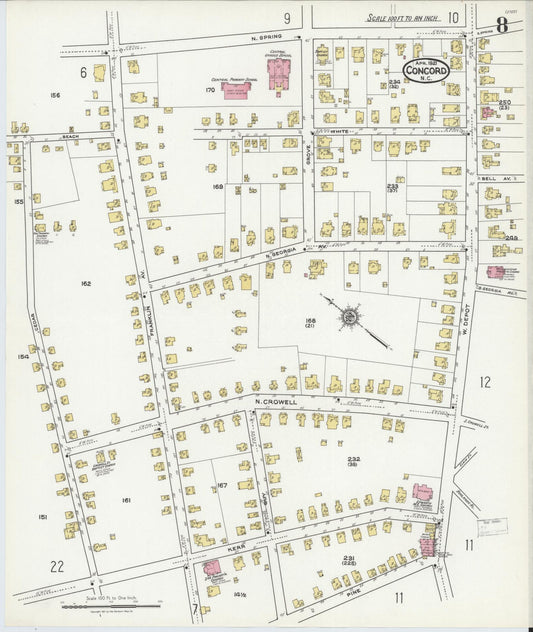 Sanborn Fire Insurance Map from Concord, Cabarrus County, North Carolina (1921), Sheet #0008 - Historic Sanborn Fire Insurance Map Print, vintage old map wall art, antique decor, genealogy gift, North Carolina North Carolina map