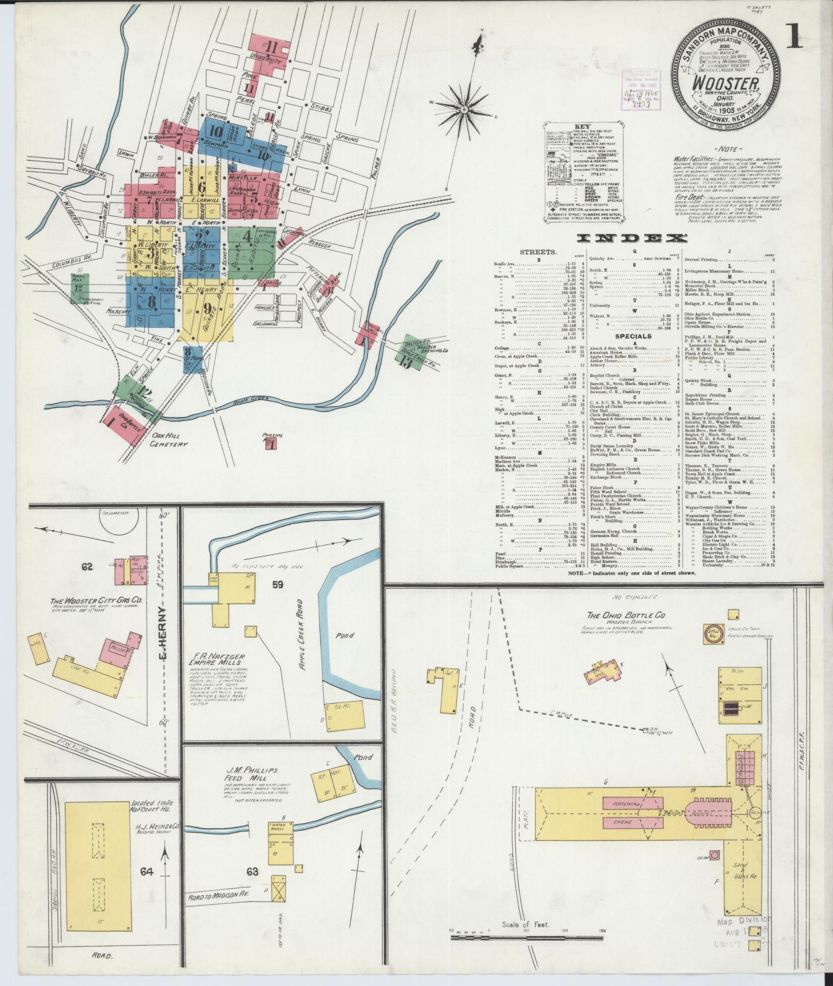Sanborn Fire Insurance Map from Wooster, Wayne County, Ohio (1905), Sheet #0001 - Historic Sanborn Fire Insurance Map Print, vintage old map wall art, antique decor, genealogy gift, Ohio Ohio map