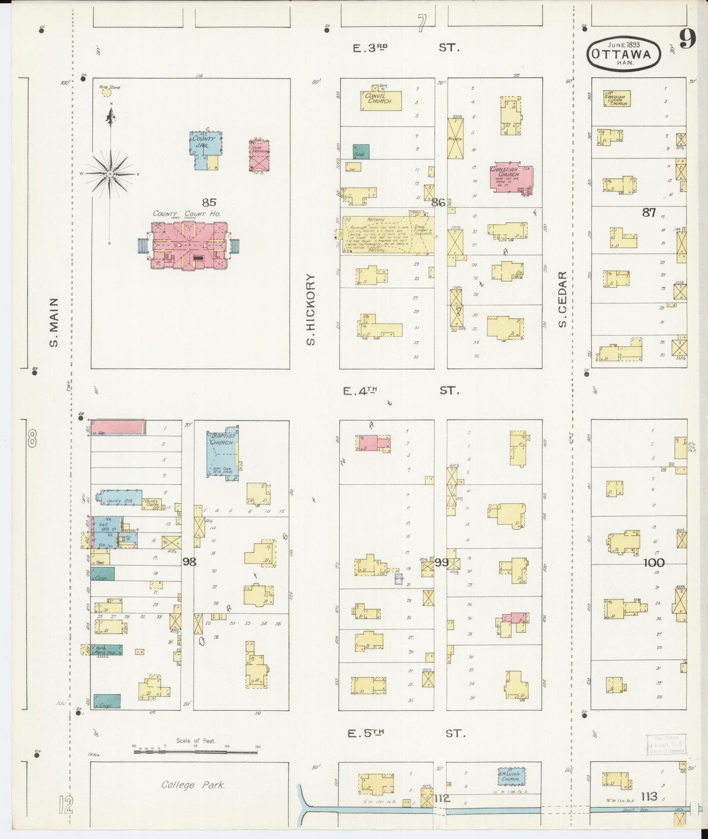 Sanborn Fire Insurance Map from Ottawa, Franklin County, Kansas (1893), Sheet #0009 - Complete Map Set gallery image, historic Sanborn map, vintage wall art, Kansas Kansas