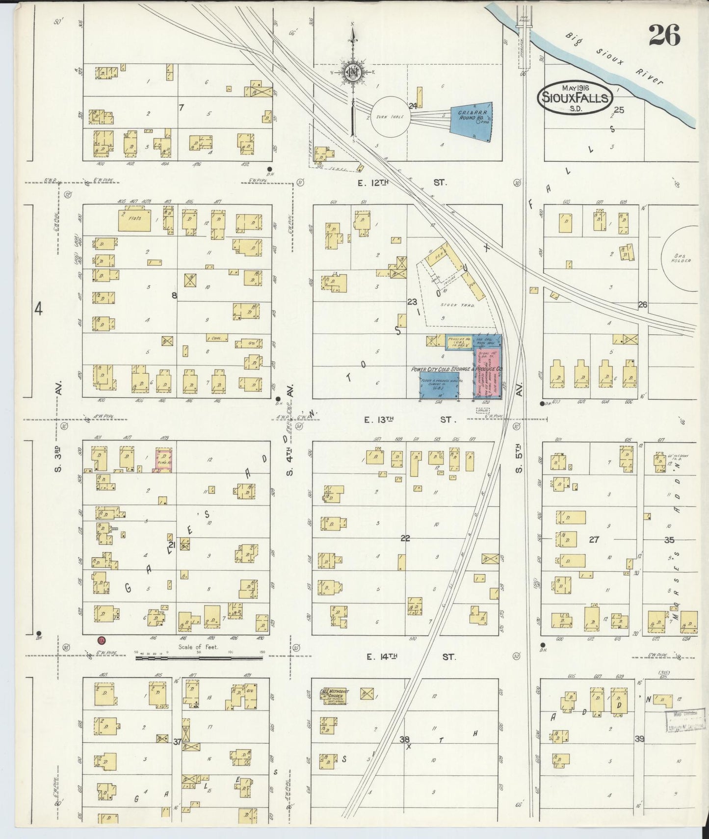 Sanborn Fire Insurance Map from Sioux Falls, Minnehaha County, South Dakota (1916), Sheet #0026 - Historic Sanborn Fire Insurance Map Print, vintage old map wall art, antique decor, genealogy gift, South Dakota South Dakota map