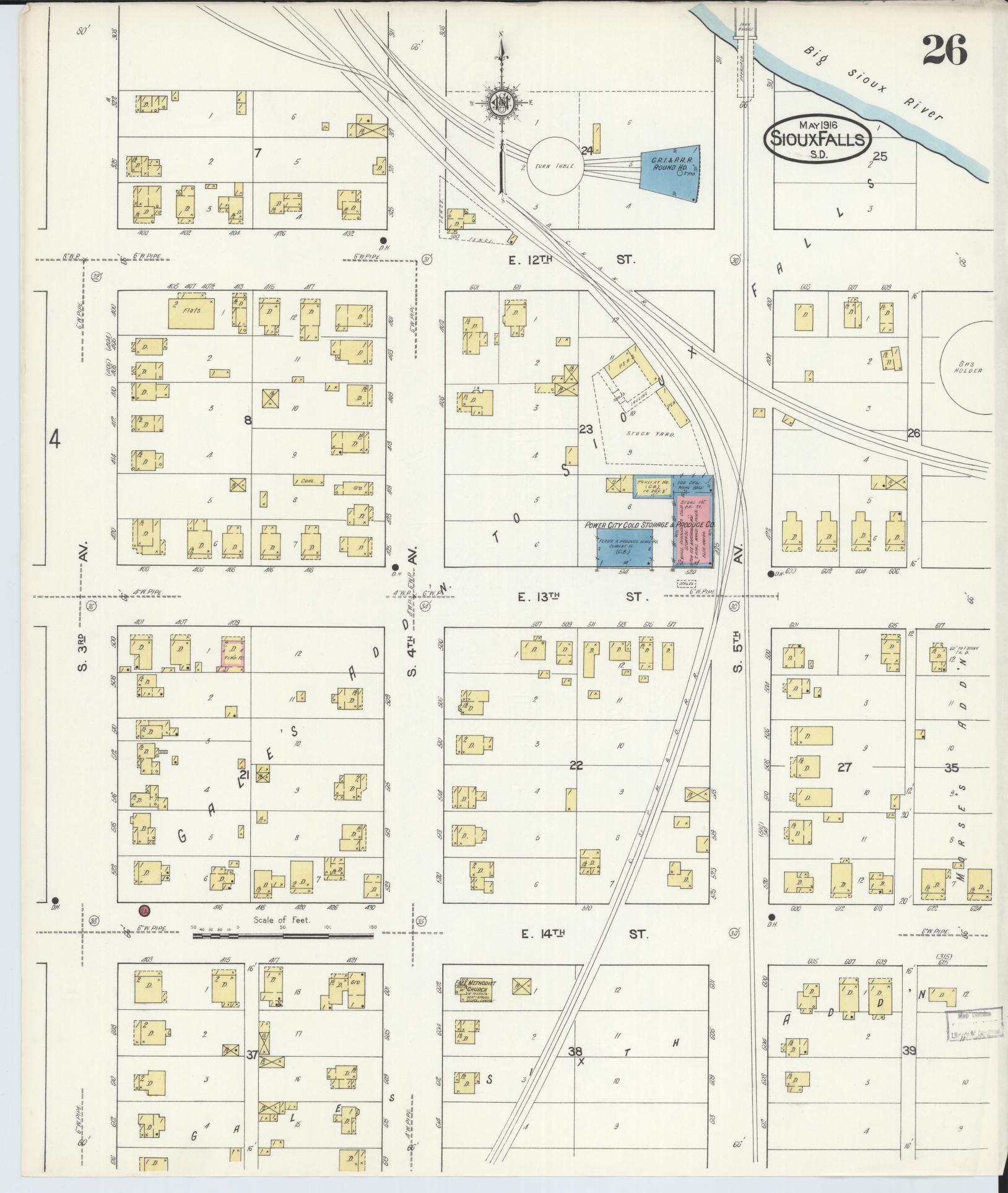 Sanborn Fire Insurance Map from Sioux Falls, Minnehaha County, South Dakota (1916), Sheet #0026 - Historic Sanborn Fire Insurance Map Print, vintage old map wall art, antique decor, genealogy gift, South Dakota South Dakota map
