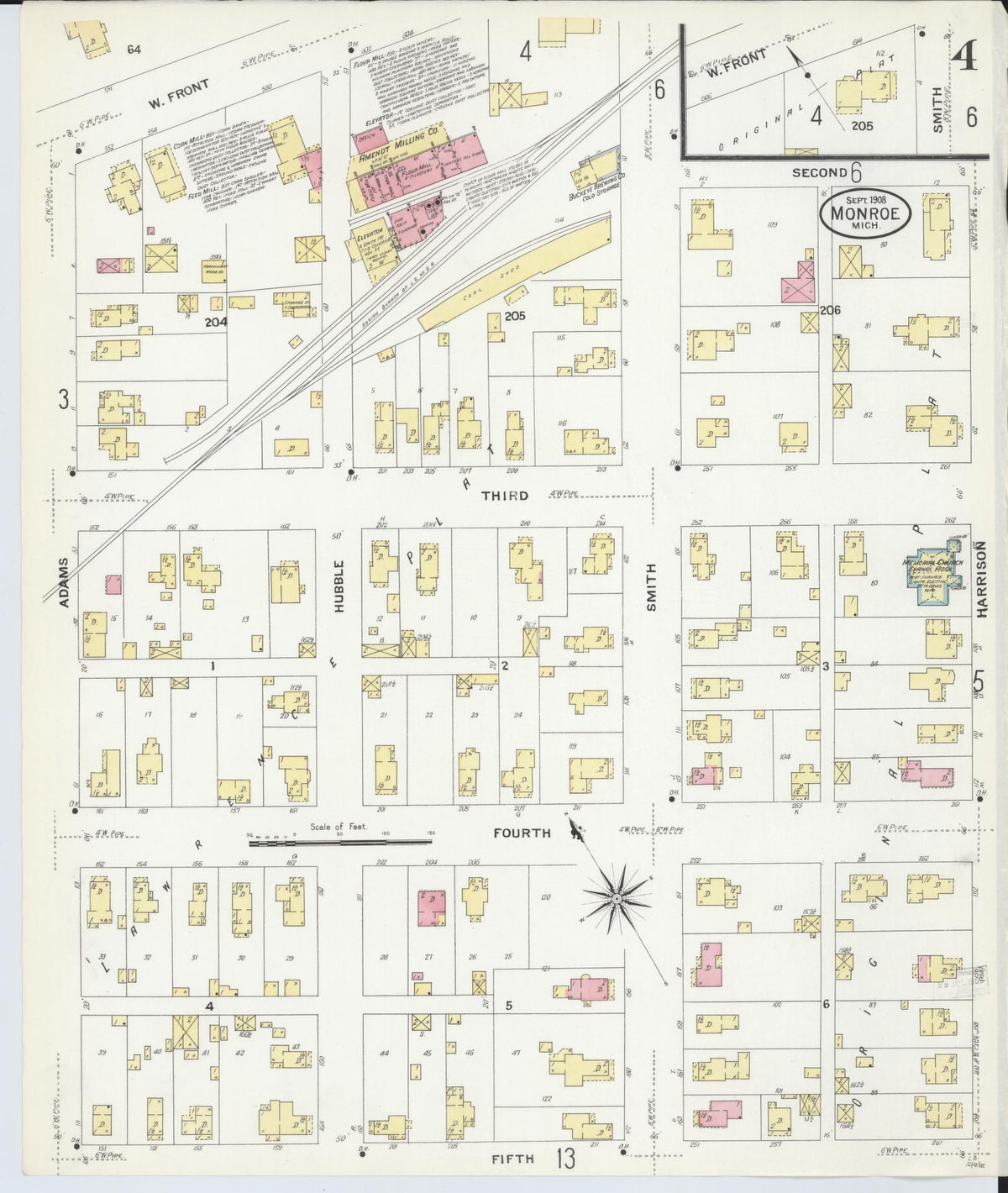 Sanborn Fire Insurance Map from Monroe, Monroe County, Michigan (1908), Sheet #0004 - Historic Sanborn Fire Insurance Map Print, vintage old map wall art, antique decor, genealogy gift, Michigan Michigan map
