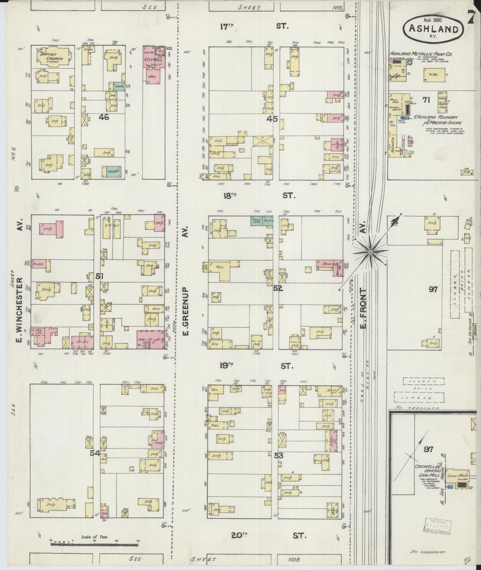 Sanborn Fire Insurance Map from Ashland, Boyd County, Kentucky (1890), Sheet #0007 - Historic Sanborn Fire Insurance Map Print, vintage old map wall art, antique decor, genealogy gift, Kentucky Kentucky map