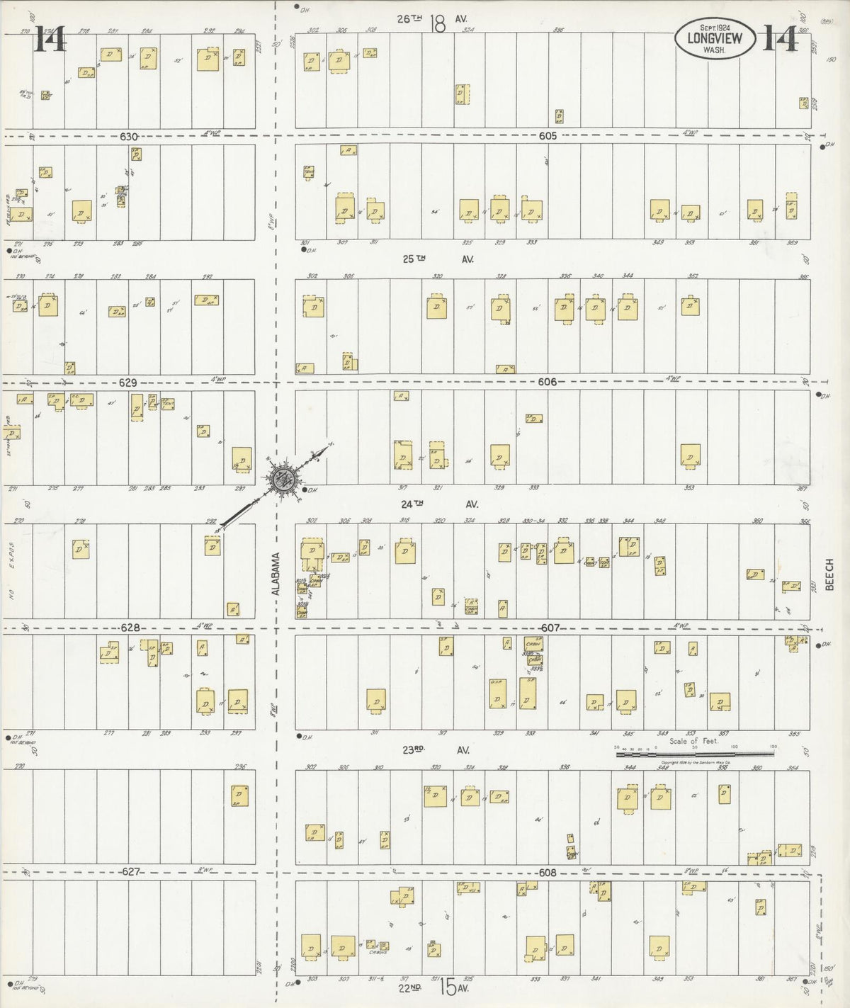 Sanborn Fire Insurance Map from Longview, Cowlitz County, Washington (1924), Sheet #0014 - Historic Sanborn Fire Insurance Map Print, vintage old map wall art, antique decor, genealogy gift, Washington Washington map