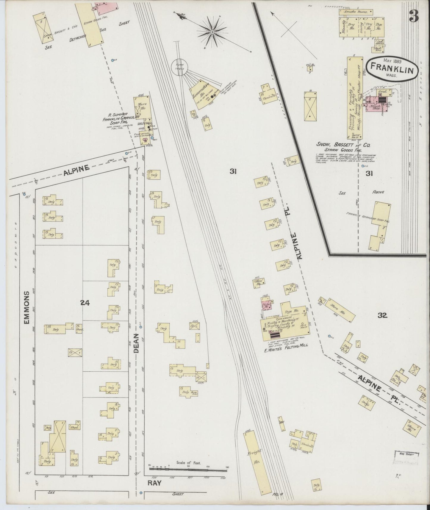 Sanborn Fire Insurance Map from Franklin, Norfolk County, Massachusetts (1889), Sheet #0003 - Historic Sanborn Fire Insurance Map Print, vintage old map wall art, antique decor, genealogy gift, Massachusetts Massachusetts map