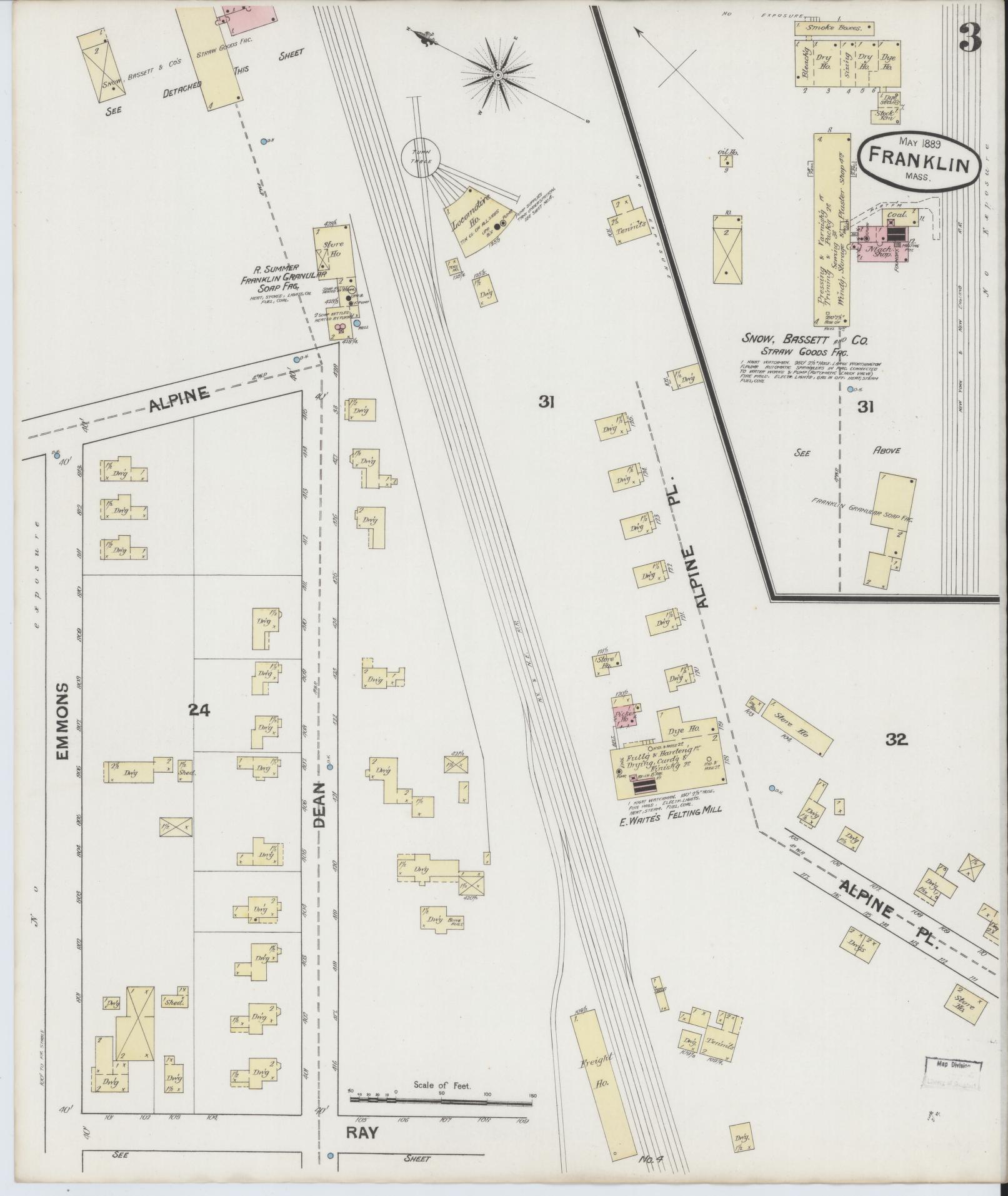 Sanborn Fire Insurance Map from Franklin, Norfolk County, Massachusetts (1889), Sheet #0003 - Historic Sanborn Fire Insurance Map Print, vintage old map wall art, antique decor, genealogy gift, Massachusetts Massachusetts map