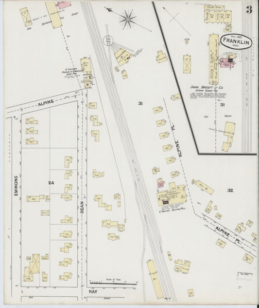 Sanborn Fire Insurance Map from Franklin, Norfolk County, Massachusetts (1889), Sheet #0003 - Historic Sanborn Fire Insurance Map Print, vintage old map wall art, antique decor, genealogy gift, Massachusetts Massachusetts map